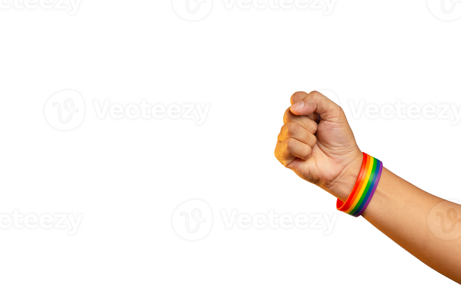 Hand fist with a rainbow wristband in a hand while standing against a transparent background png