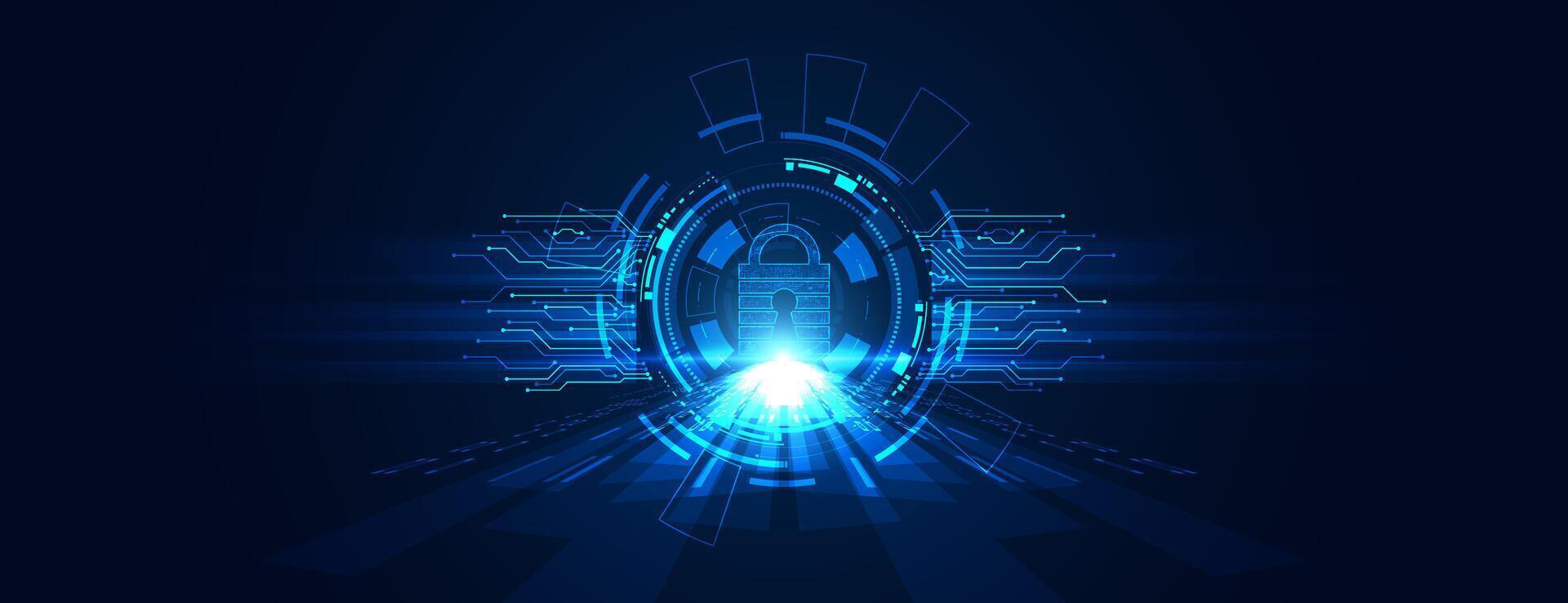 A captivating blue digital abstract background showcasing a secure lock symbol surrounded by circuitry patterns, representing cyber security and innovation. vector
