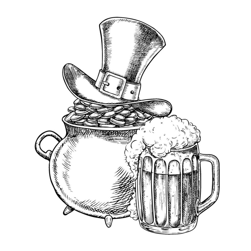 A cast-iron pot with coins covered with a leprechaun hat and a mug of beer in honor of St. Patrick s Day. , black-and-white graphic illustration. For greeting cards, banners, flyers, invitation vector