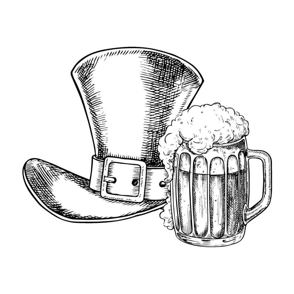 Leprechaun cylinder and beer mug. , black and white graphic illustration. Conceptual design for St. Patrick s Day. For greeting cards, banners and flyers, packaging, invitations, festive decor. vector