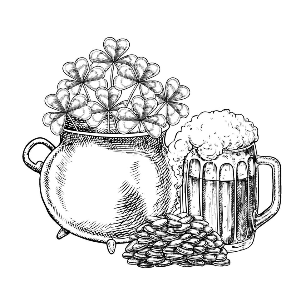 Cast iron pot with a shamrock, a pile of coins, and a mug of beer for St. Patrick s Day. , black and white graphic illustration. For greeting cards, banners and flyers, packaging, invitations. vector