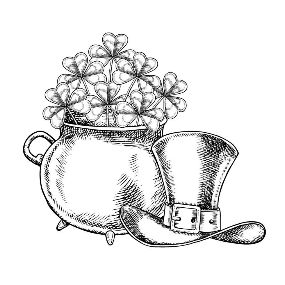 Cast-iron pot with a shamrock and a leprechaun hat for St. Patrick s Day. , black-and-white graphic illustration. For greeting cards, banners and flyers, packaging, invitations, holiday decor. vector