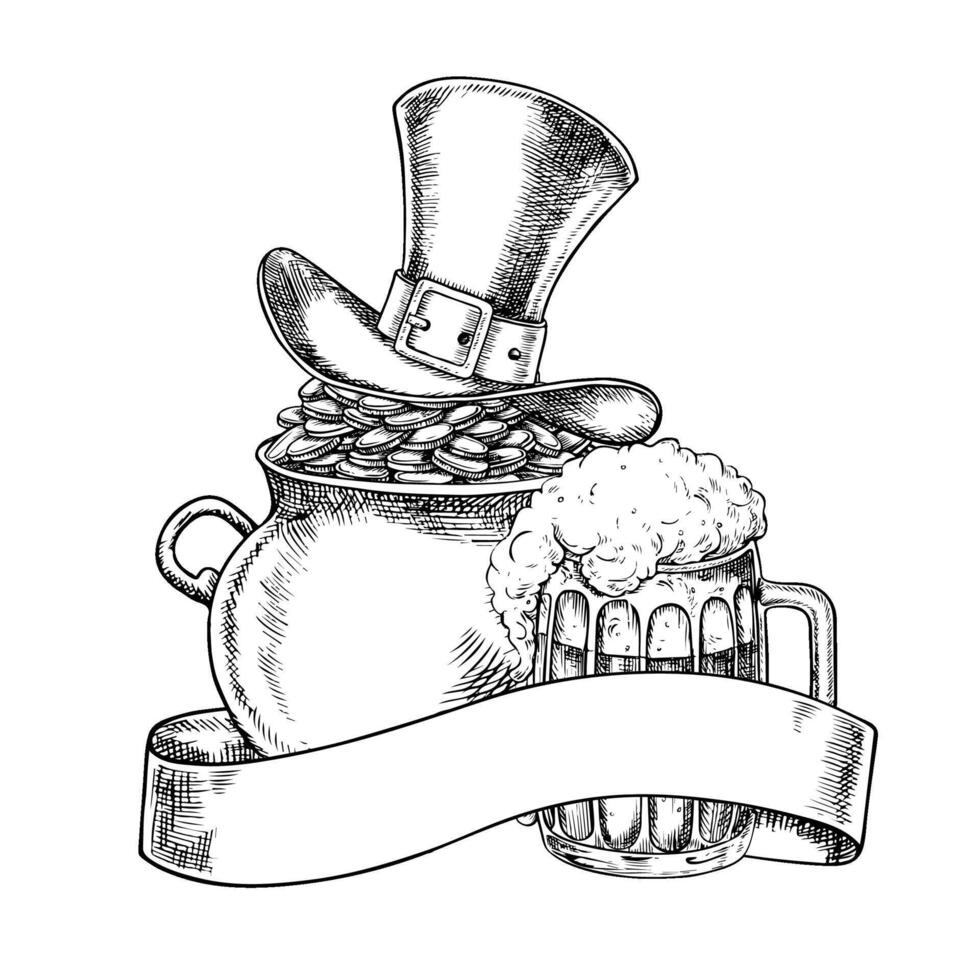 A cast-iron pot with coins, covered with a leprechaun hat, a beer mug, and a label with an inscription. black and white graphic illustration. For St. Patrick s Day. For greeting cards, banners. vector