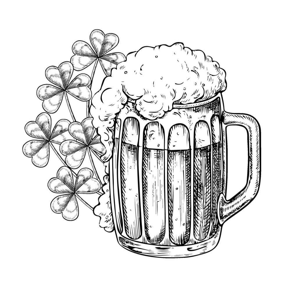 Beer glass mug with beer, foam, and a shamrock. black and white graphic illustration. Hand-drawn design element highlighted on a white background. For menus, pubs or restaurants, labels. vector