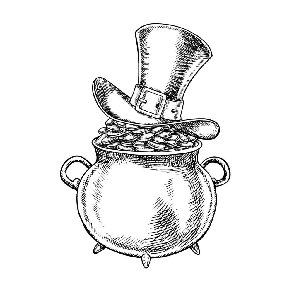 A cast-iron pot with coins covered with a leprechaun hat in honor of St. Patrick s Day. , black-and-white graphic illustration. For greeting cards, banners and flyers, invitations, holiday decor vector