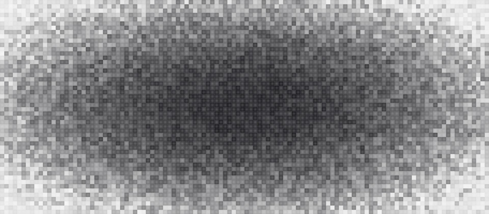 Halftone radial gradient, digital pixel pattern, tech mosaic grid. Monochrome square particles background. Grayscale pixelate fade texture. backdrop vector