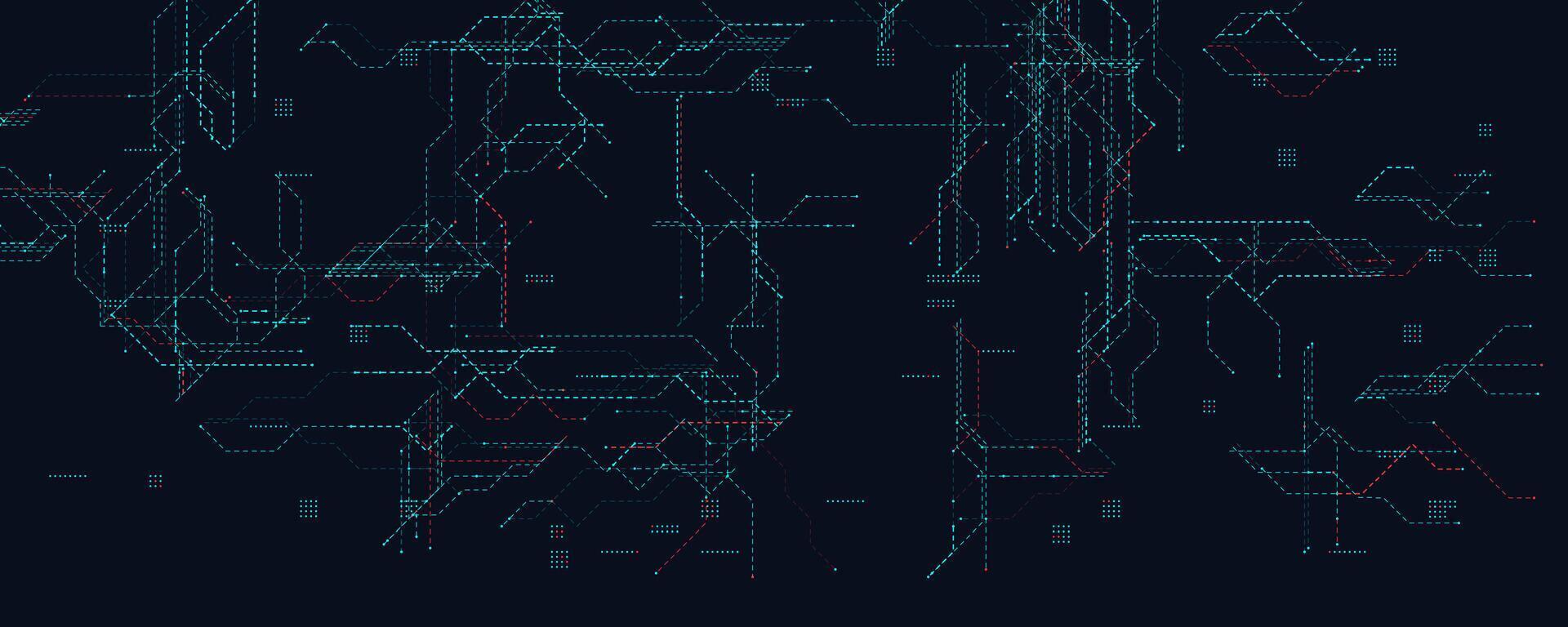 Cyber Network Grid With Dotted Tech Lines. Dark futuristic background featuring blue and red digital routes for cybersecurity, data flow, and systems UI. Clean abstract layout. illustration vector
