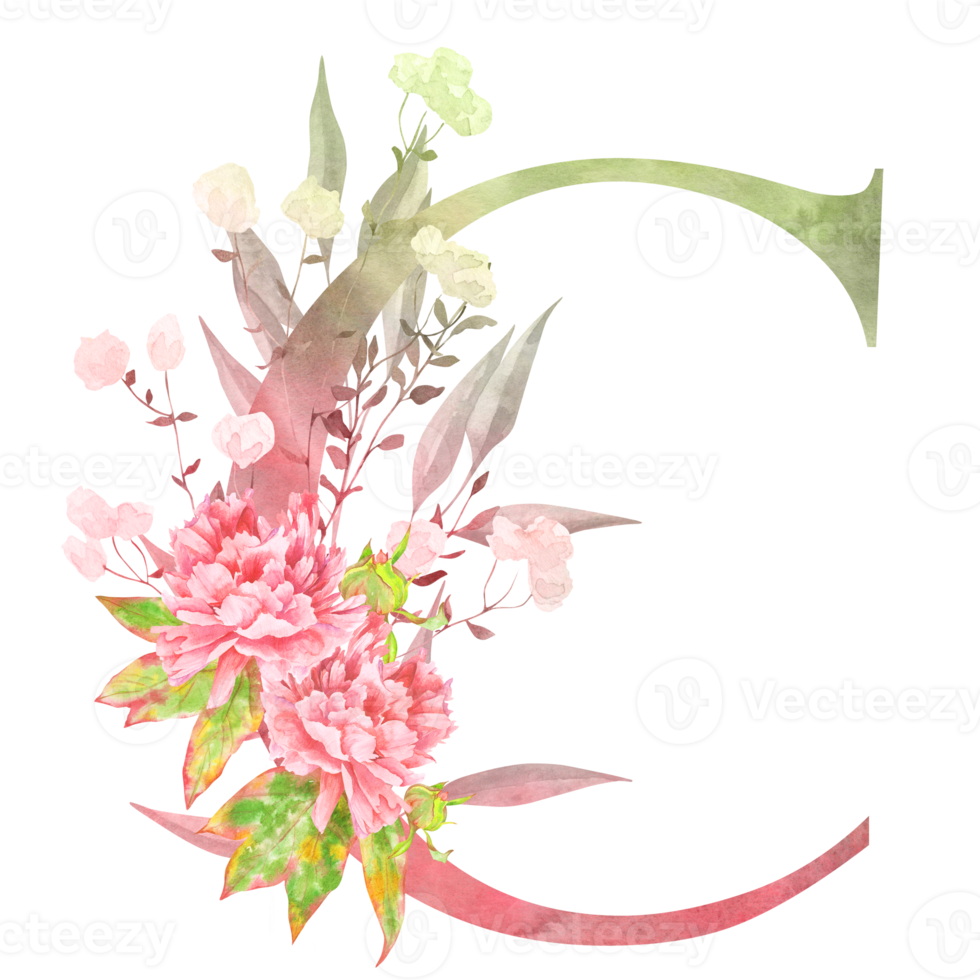 Watercolor letter C adorned with blooming florals and soft green leaves. Ideal for wedding stationery and elegant decor projects. png
