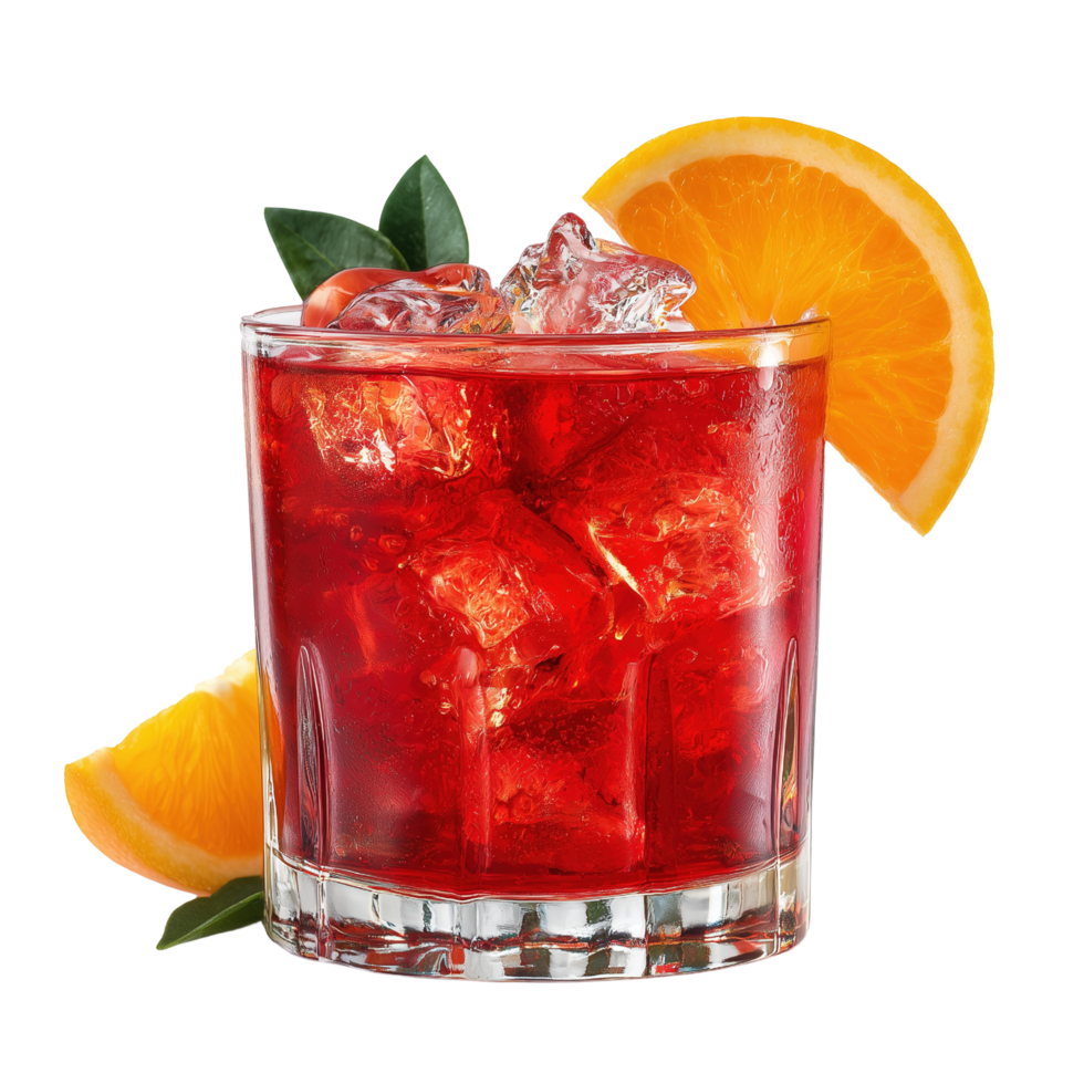 Refreshing red cocktail in a glass with orange garnish isolated on a transparent background png