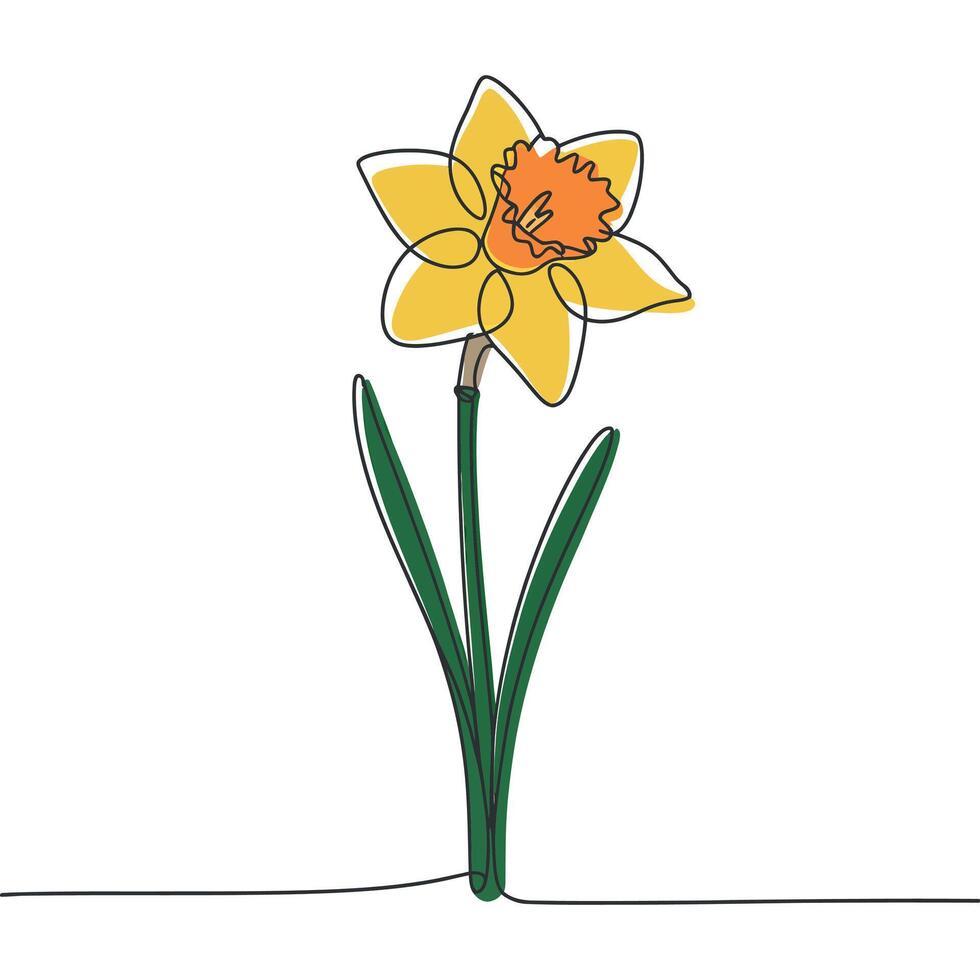 Elegant Daffodil Flower Line Art Illustration with Vibrant Yellow Petals and Green Stem on a Clean White Background vector