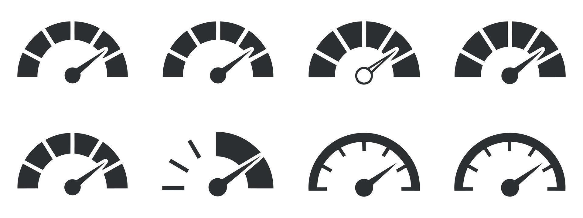 Gauge Icon Set Displaying Performance Measurement with Speedometer Symbols for Dashboard Design and Progress Tracking Elements vector