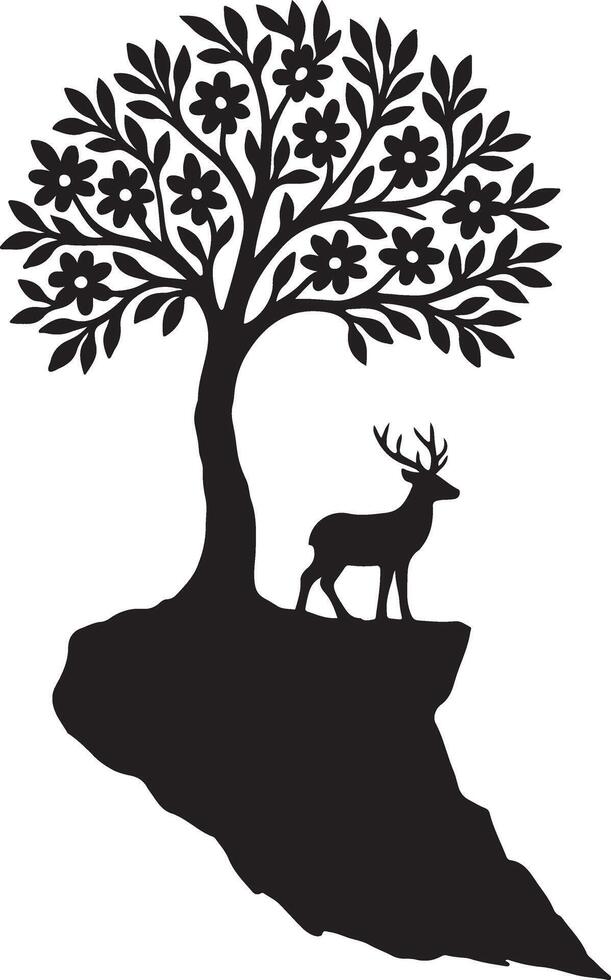 Serene Black Silhouette of a Deer Standing Beneath a Blooming Tree on a Clifftop, Peaceful Nature Scene vector