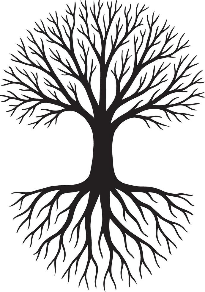 Majestic Silhouette of a Leafless Tree with Exposed Roots Against a White Background, Evoking a Sense of Winter Serenity and Timeless Strength vector