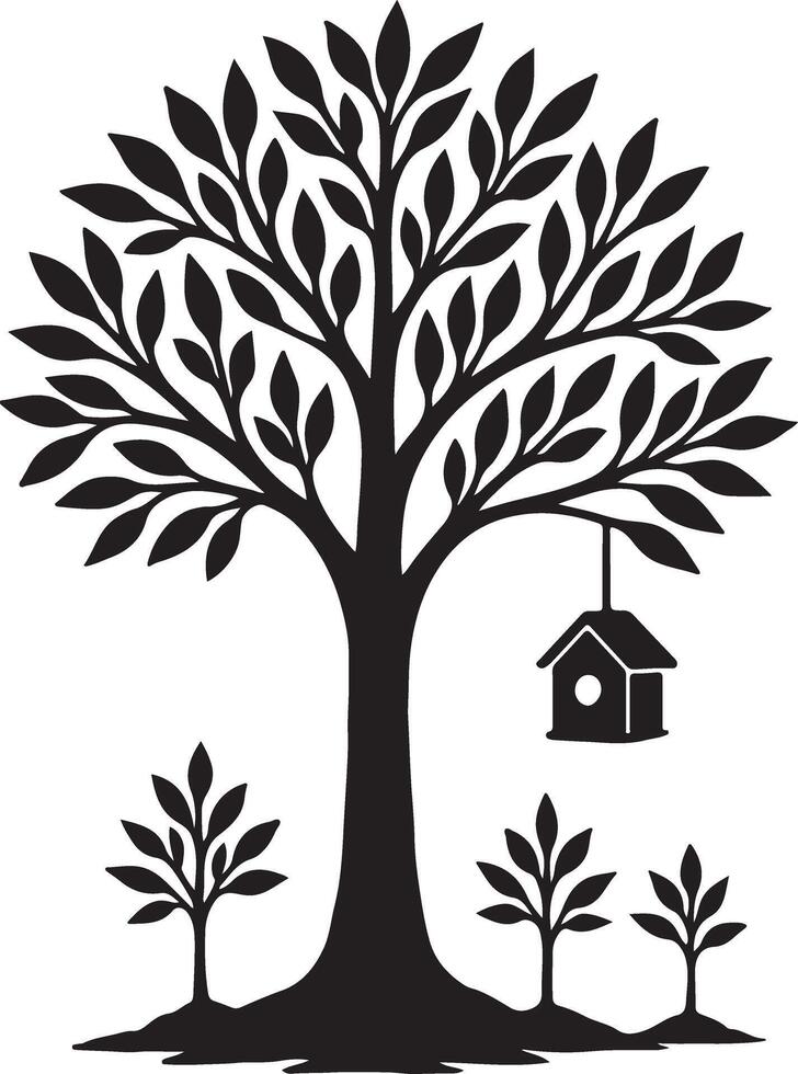Serene Black and White Illustration of a Majestic Tree with Birdhouse, Small Saplings, and Peaceful Mood vector