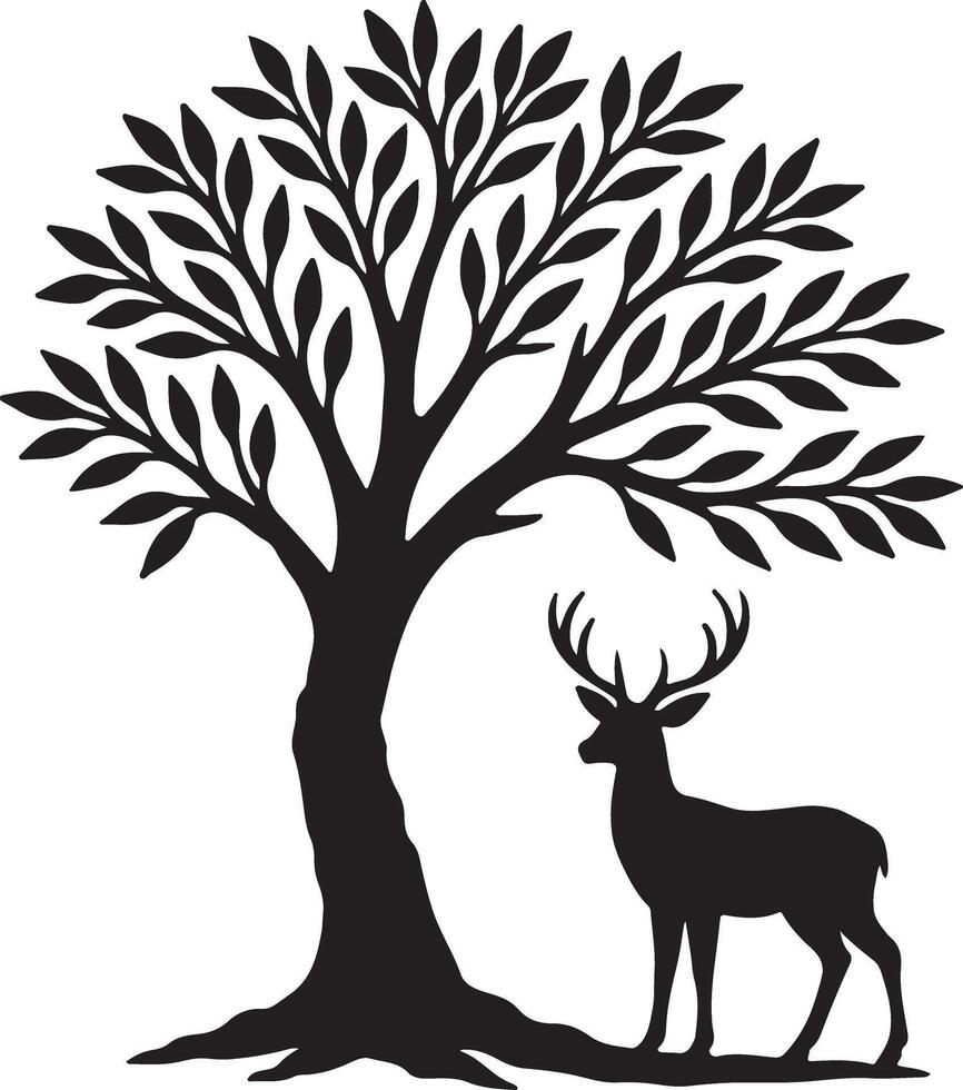 Majestic Silhouette of a Deer Standing Serenely Beneath a Lush Olive Tree in a Peaceful Forest Setting vector