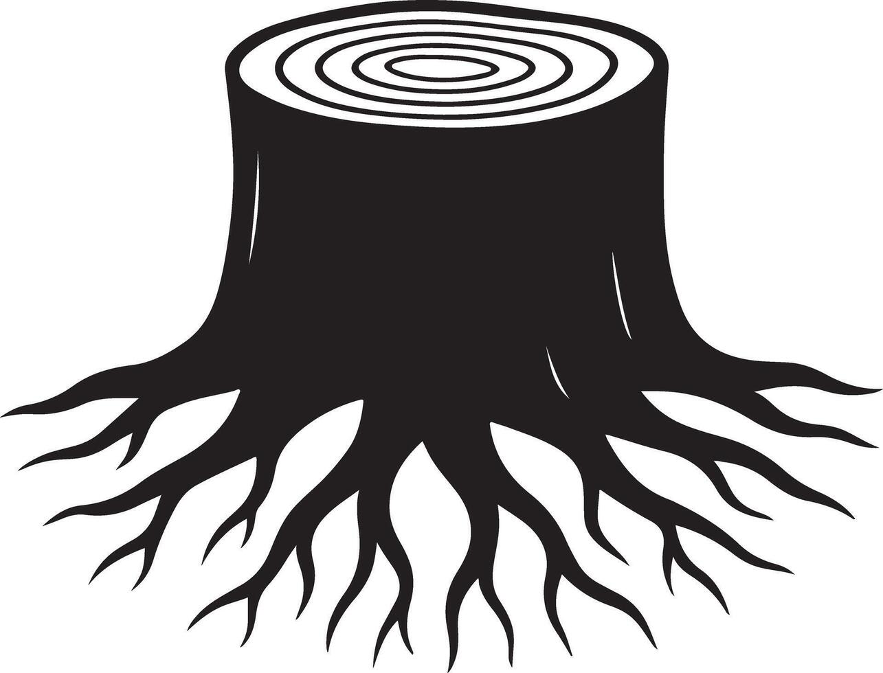 Dark, Silhouetted Tree Stump with Exposed Roots, Isolated on White Background, Evoking a Mysterious and Slightly Ominous Mood. vector
