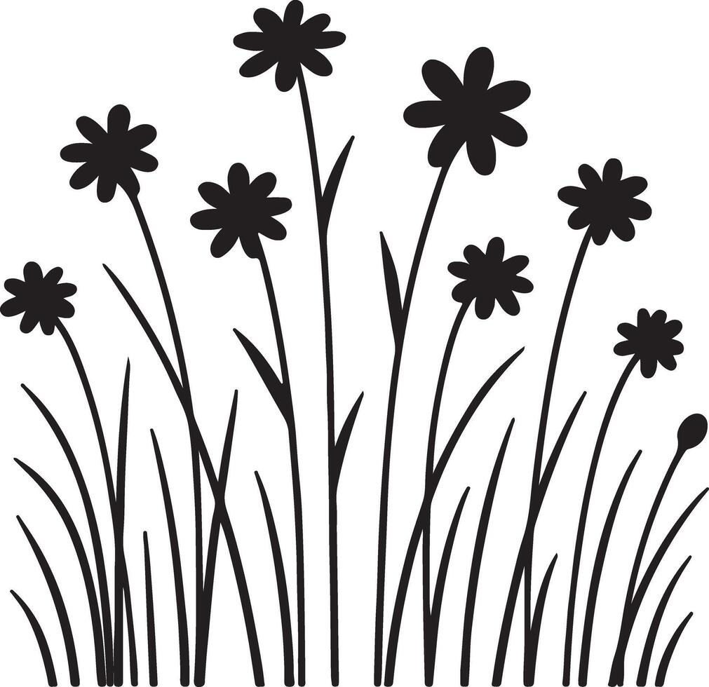 Elegant Black Silhouette of Wildflowers Blooming in a Serene Meadow, Simple Nature Art Print Design vector