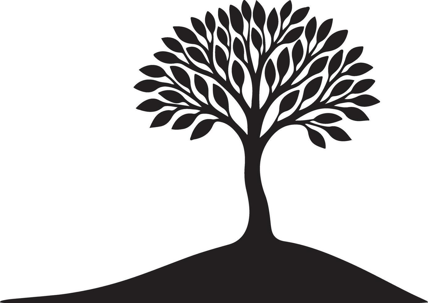 Serene Black Silhouette of a Leafy Tree on a Gentle Hill, Peaceful Nature Illustration - Professional digital artwork with vibrant colors and detailed composition vector