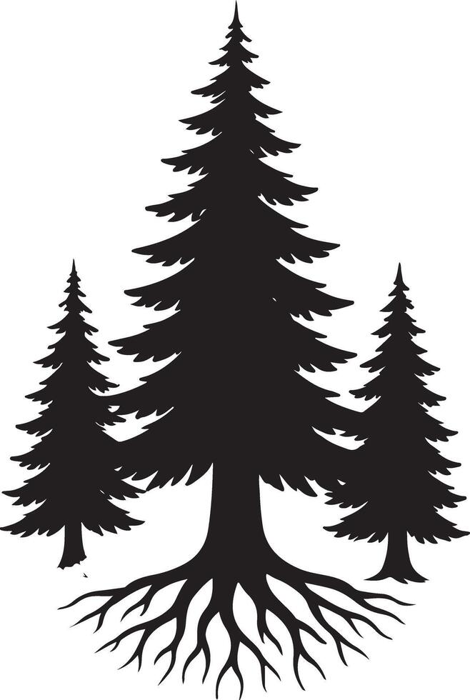 Majestic Evergreens Serene Black and White Silhouette of Three Pine Trees with Exposed Roots - Professional digital artwork with vibrant colors and detailed composition vector
