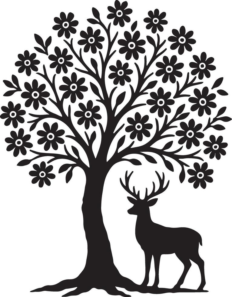Serene Black and White Silhouette of a Deer Resting Under a Blooming Tree in a Peaceful Forest Setting vector