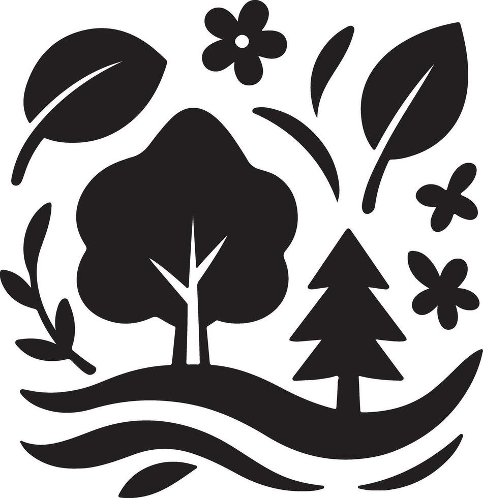 Serene Black and White Illustration of a Peaceful Forest Landscape with Trees, Flowers, and Leaves vector