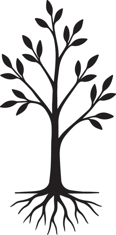 Serene Black Silhouette of a Growing Tree with Deep Roots Against a White Background, Evoking a Peaceful and Hopeful Mood vector