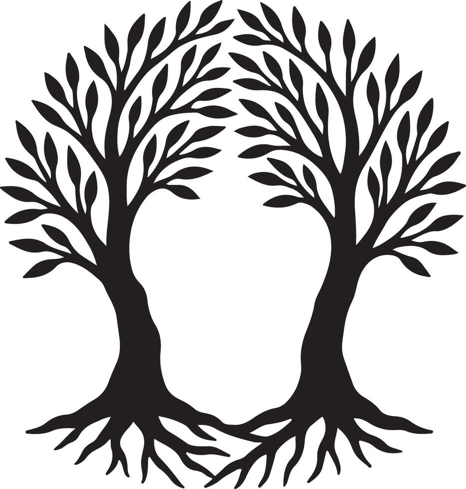 Serene Black and White Silhouette of Two Intertwined Trees Forming a Heart Shape Against a White Background vector