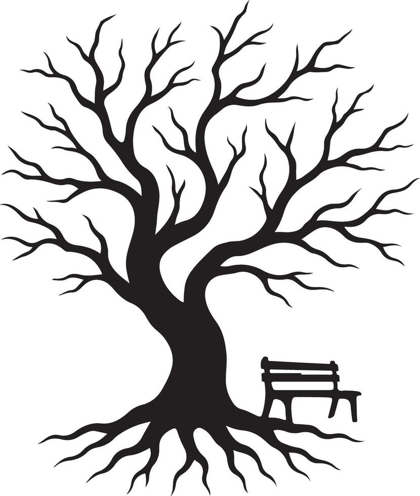 Serene Silhouette of a Leafless Tree with a Bench, Evoking a Sense of Solitude and Peaceful Contemplation in a Winter Landscape vector