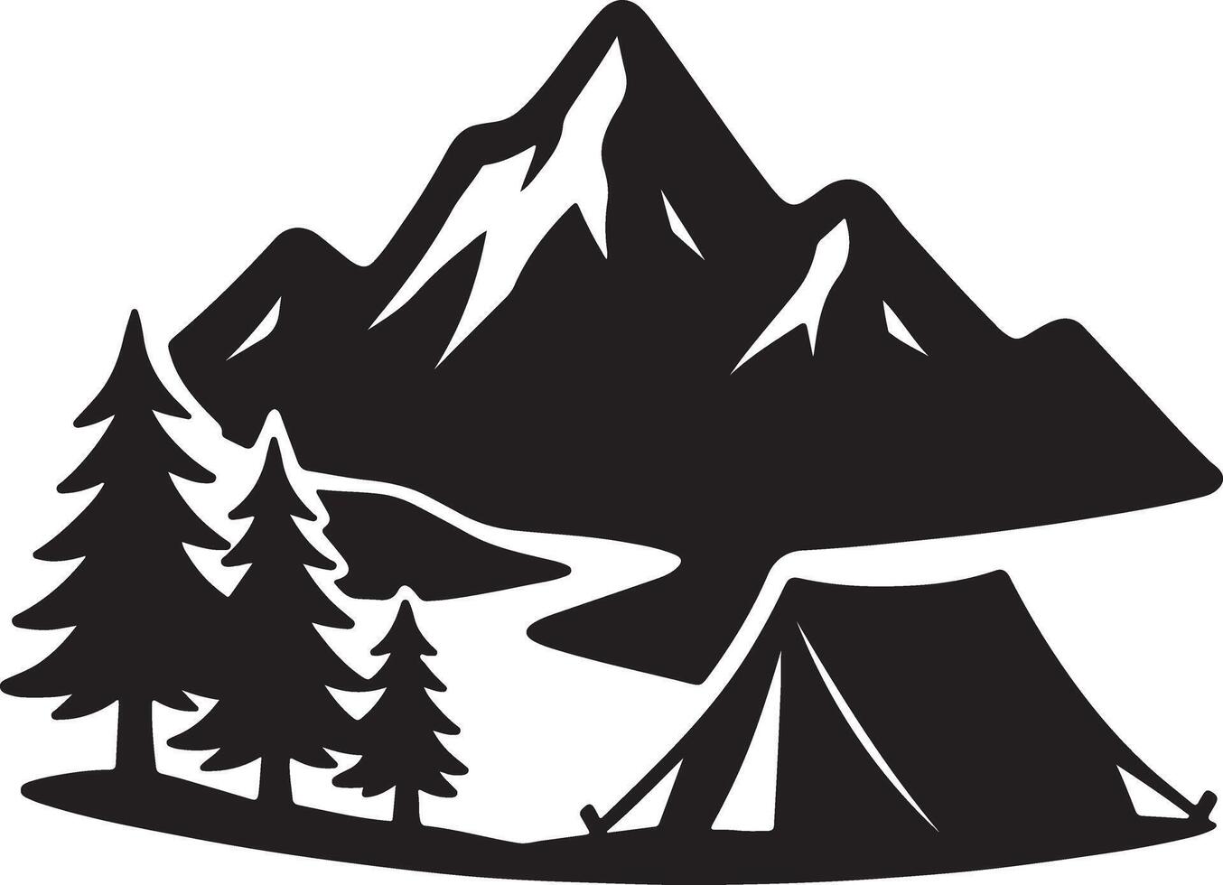 Serene Mountain Camping Scene Silhouette of Tent, Majestic Peaks, and Evergreen Trees under a Peaceful Sky vector