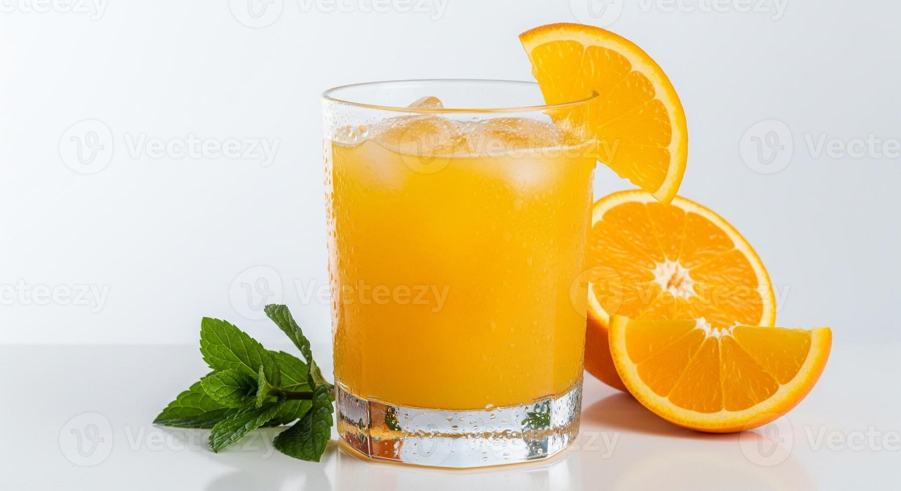 A glass of orange juice with mint leaves photo