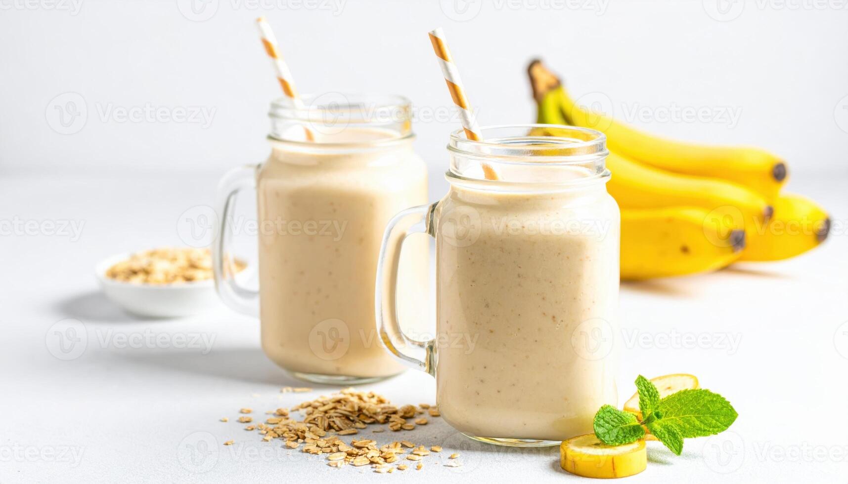 Banana Oatmeal Smoothie in Mason Jars. photo