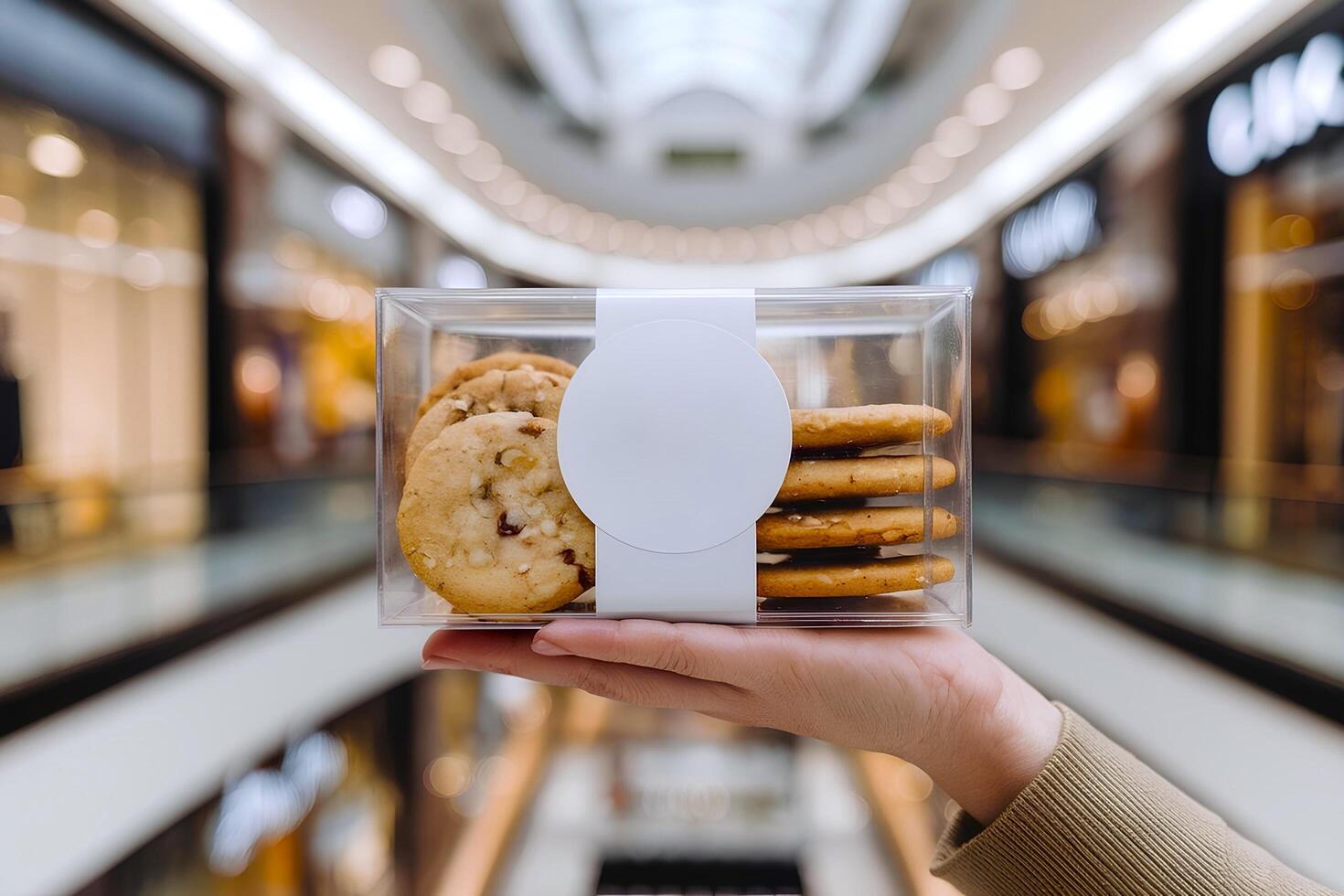 A person hand is holding a transparent box packet of cookies, and a blank white sticker label mockup is attached photo