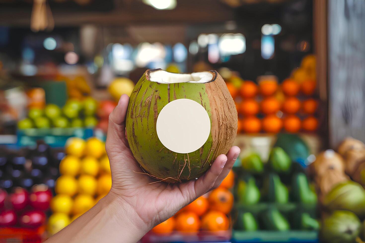 A person hand is holding a coconut and a blank white circular sticker mockup is attached on it in fruit market photo