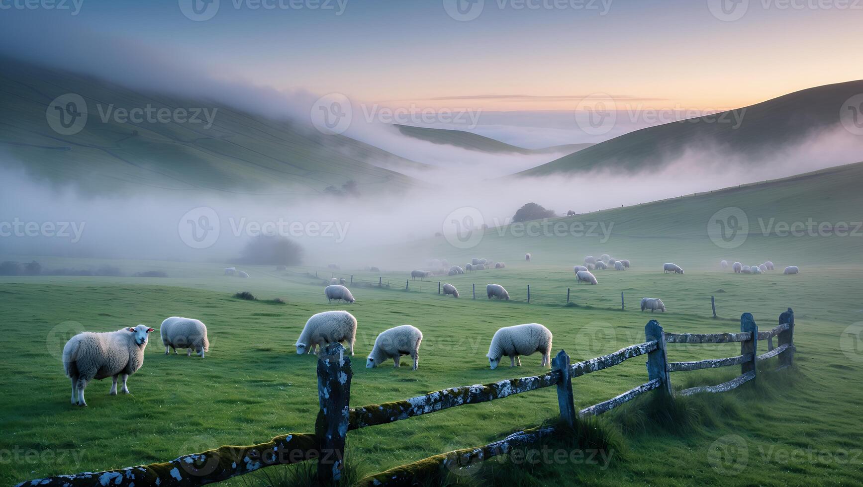 Serene landscape of sheep grazing in misty green hills at dawn, with a rustic wooden fence in view photo