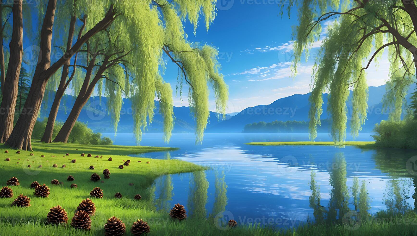 Serene lakeside view with lush willow trees, pine cones scattered on grass, and distant mountains photo