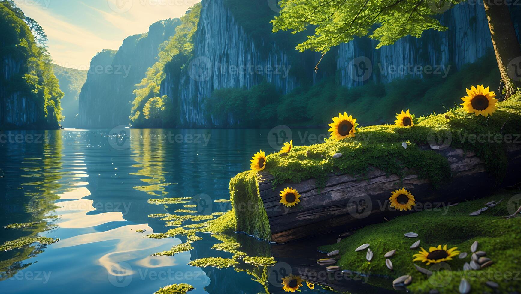 Serene river landscape with sunflowers blooming on a mossy log, surrounded by lush cliffs and tranquil waters photo