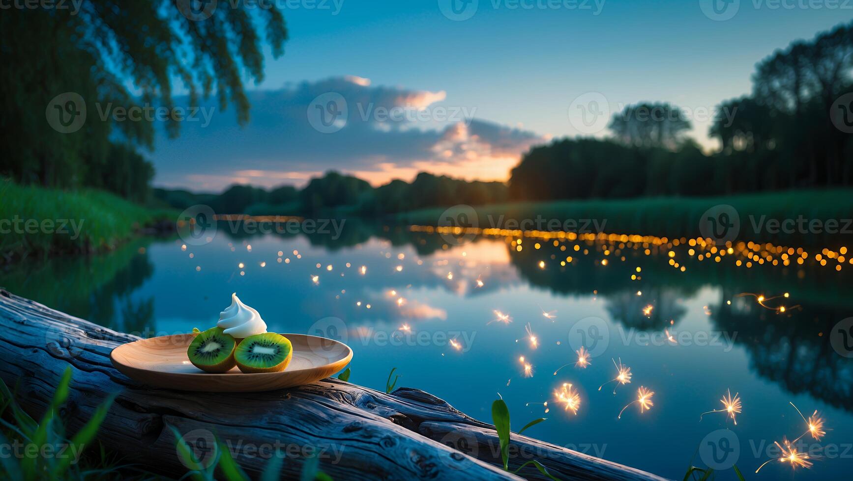 A serene riverside scene featuring a plate of kiwi dessert with cream, illuminated by fireflies at dusk photo