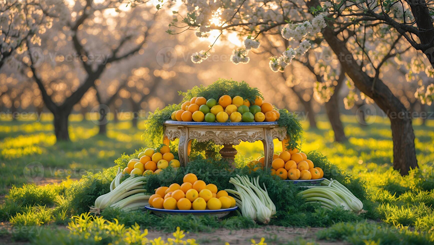 Vibrant display of fresh oranges and vegetables on a table in a sunlit orchard during springtime photo