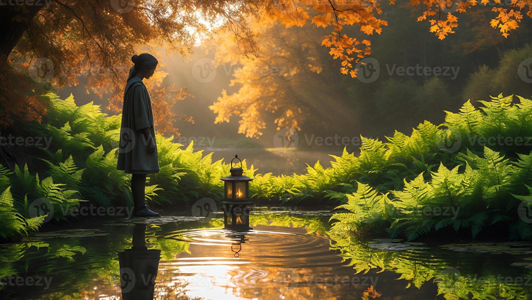 Serene girl standing by a tranquil pond surrounded by lush ferns and autumn foliage at sunset photo