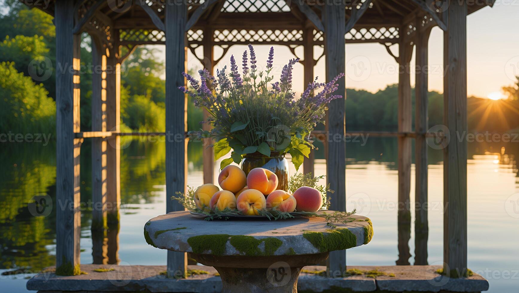 A serene still life of peaches and flowers in a vase on a stone table by a tranquil lake at sunset photo