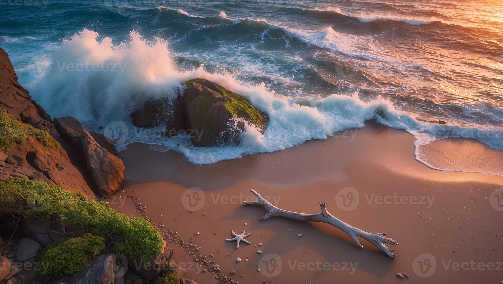 Serene coastal scene featuring waves crashing on a sandy beach with a driftwood log and starfish photo