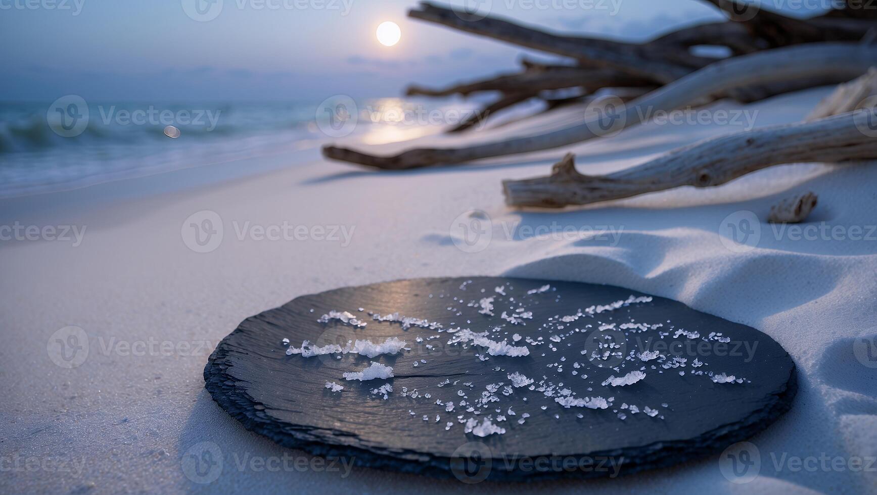 Tranquil beach scene at sunset with a slate plate of sea salt on sand and driftwood in the background photo