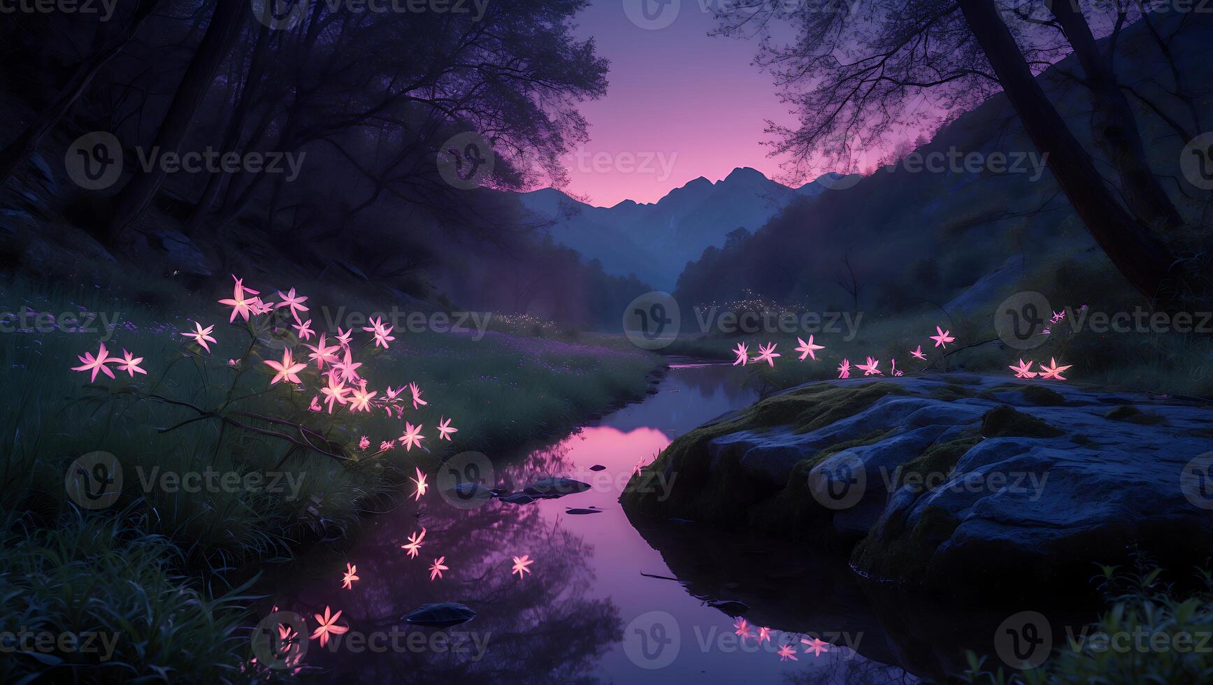 Serene twilight landscape with blooming flowers by a tranquil river, surrounded by majestic mountains photo