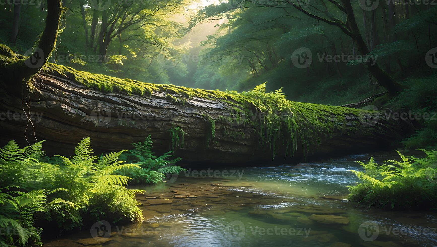 Serene forest landscape featuring a moss-covered fallen tree beside a tranquil stream in sunlight photo