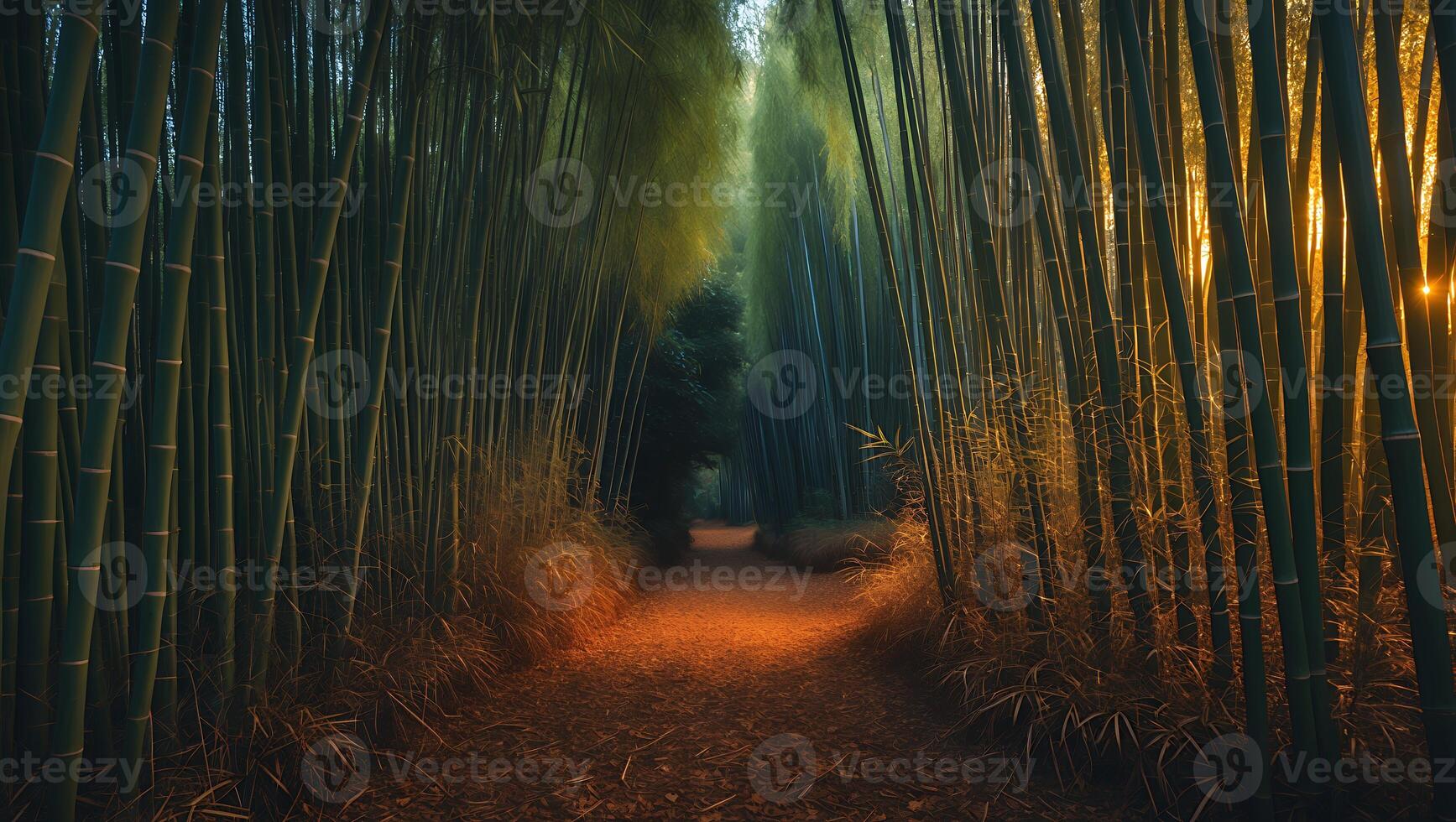 Serene bamboo forest path illuminated by soft sunlight, inviting exploration and tranquility photo