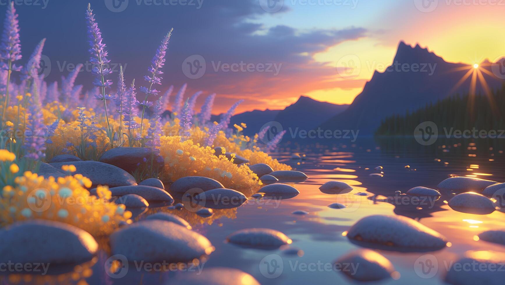 Serene sunset over a tranquil lake surrounded by vibrant flowers and majestic mountains in the background photo
