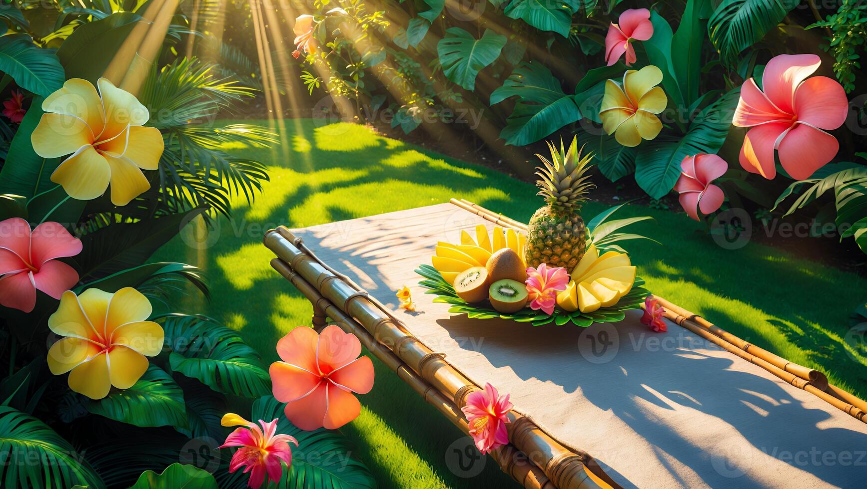 Vibrant tropical fruit arrangement on a bamboo table surrounded by lush greenery and flowers photo