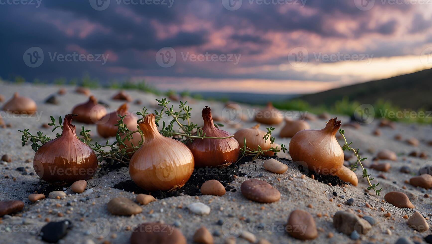 Vibrant onions growing on sandy soil under a dramatic sunset, with distant hills and clouds photo
