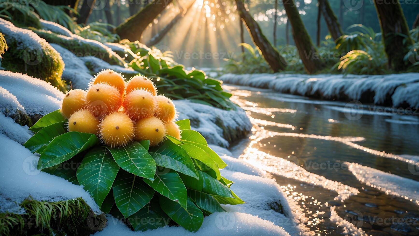 Vibrant cluster of unique fruits surrounded by frosty leaves near a serene forest stream at dawn photo