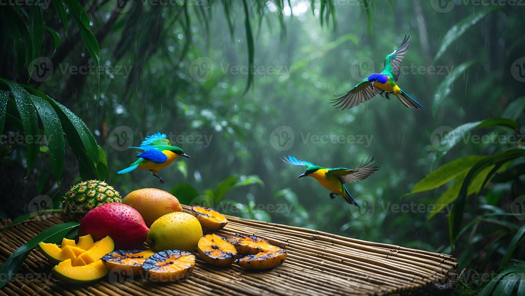 Colorful birds flying over a vibrant fruit display in a lush tropical rainforest setting photo